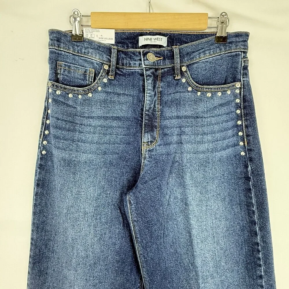 Nine West Wide Leg Jean Size 6 Dark Wash Decorative Studs High Rise Stretch - Picture 7 of 16